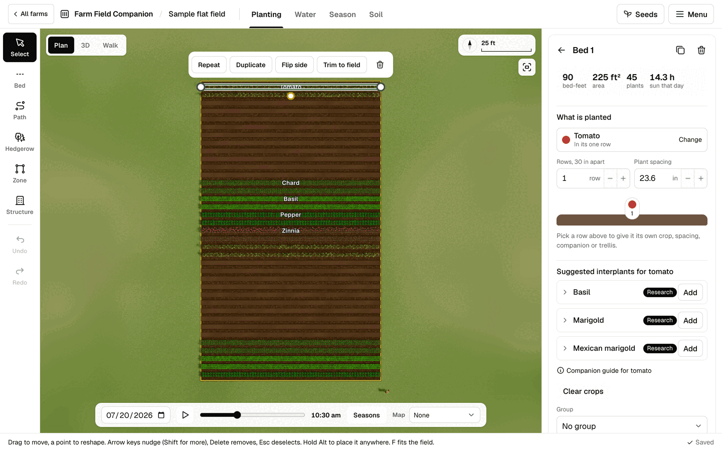 The planner in Planting mode on the sample flat field: beds of crops from above, one bed selected with its rows, crops and plant counts in the side panel