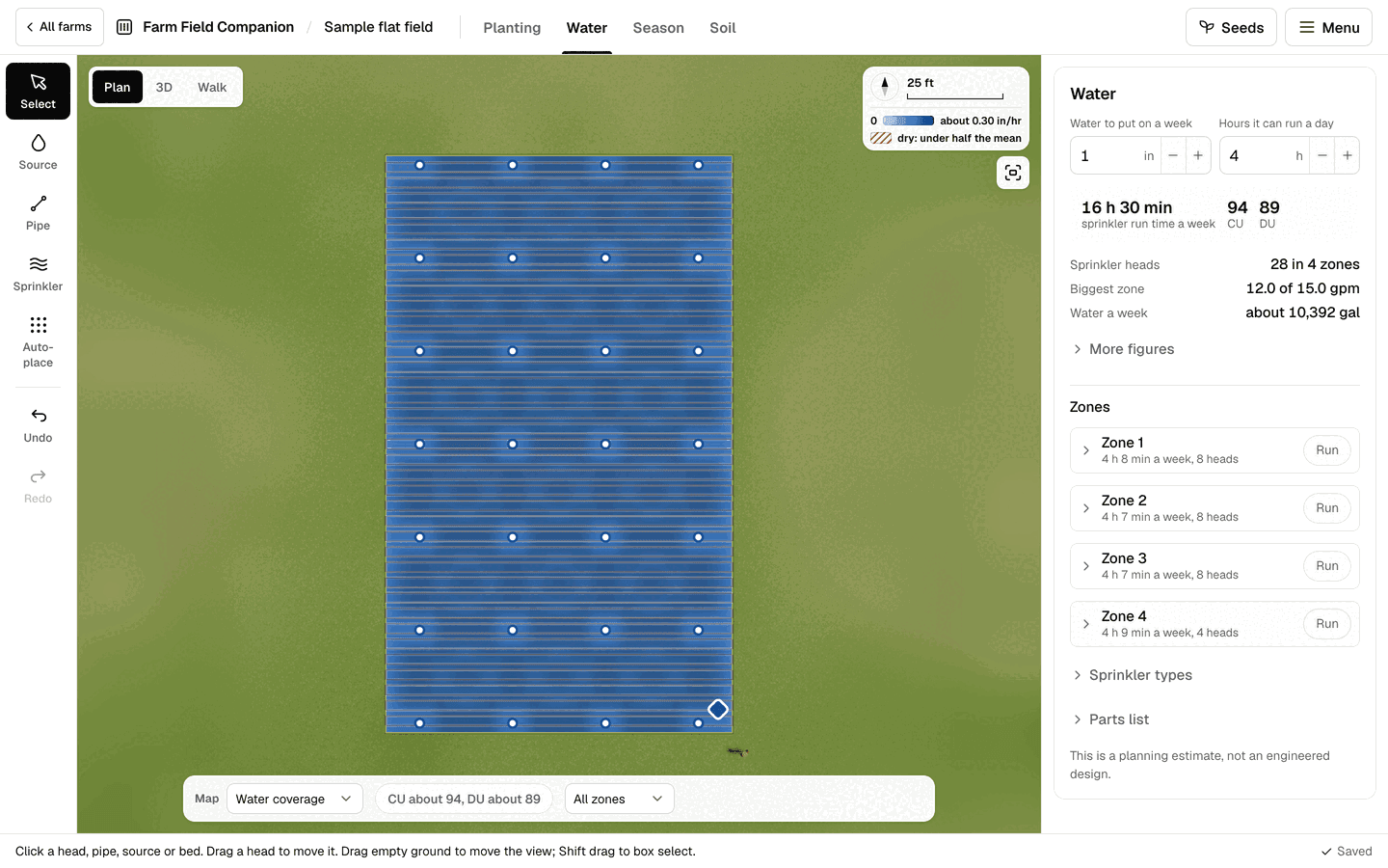 The planner in Water mode on the sample flat field: sprinkler heads and pipes over the beds, with the coverage shown in color